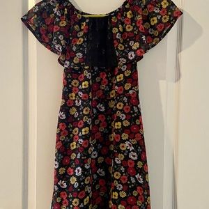 Girls dress, floral, black with red and yellow and white flowers.